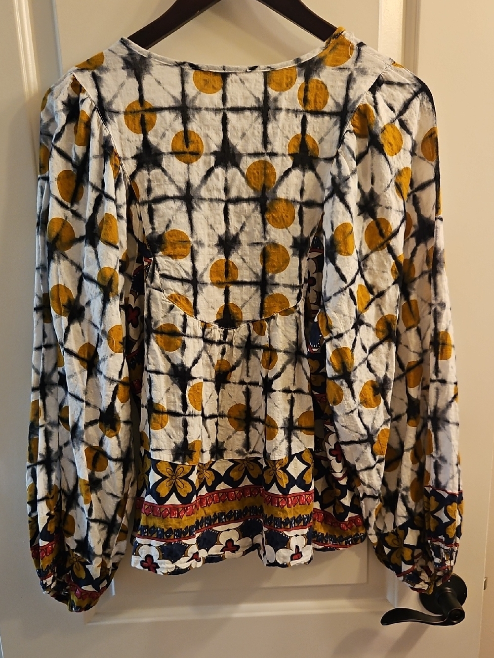 Solitare Hand Dyed Patchwork Balloon Sleeve Top, L, Boho, Artisan, Coastal - Picture 5 of 10